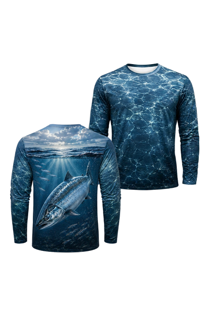 Performance Fishing Long Sleeve - River Salmon Depths - TBT167 two shirts front artwork
