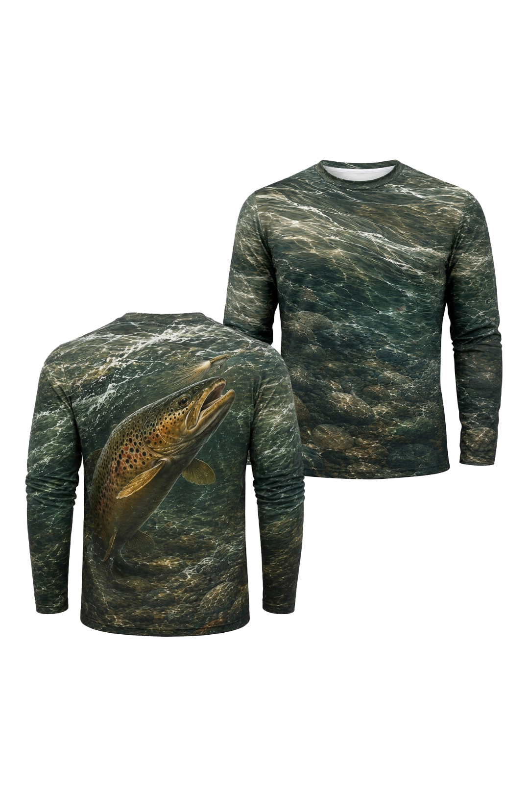 Performance Fishing Long Sleeve - River Stone Brown Trout - RT08 two shirts front artwork