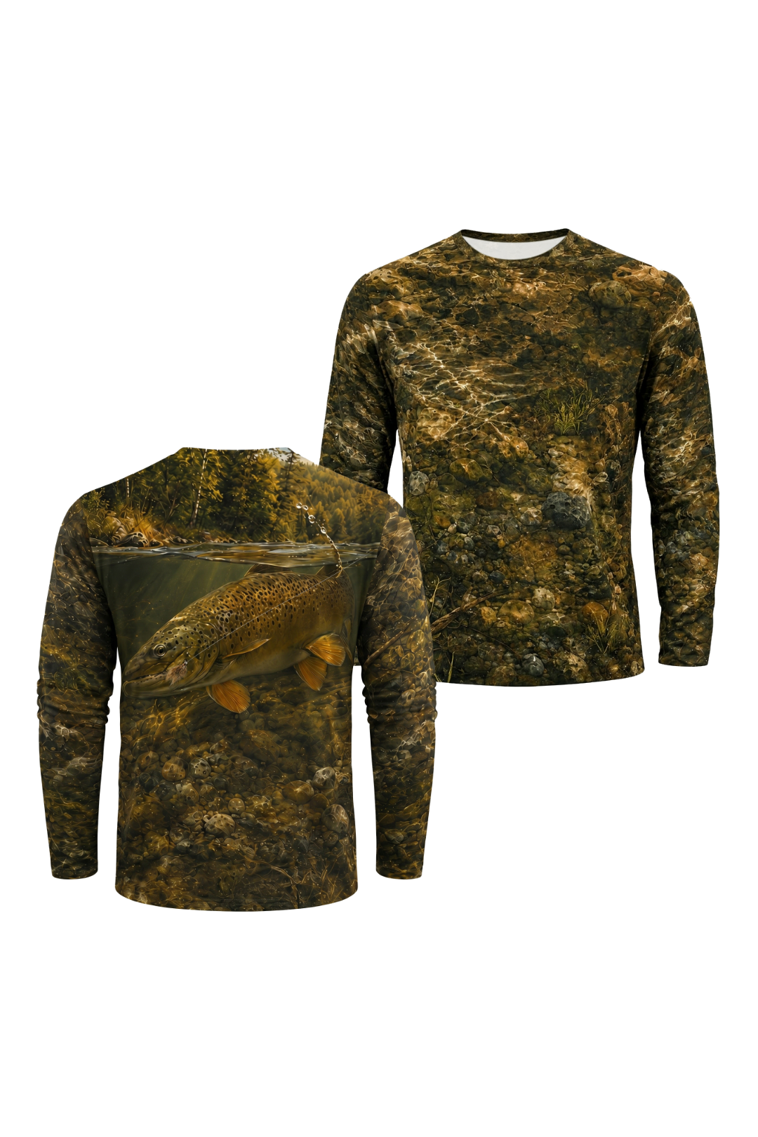 Performance Fishing Long Sleeve - Riverbed Brown Trout - TBT170 two shirts front artwork
