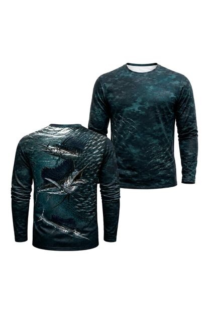 Performance Fishing Long Sleeve - Sailfish Shadow Run - RS06 two shirts front artwork