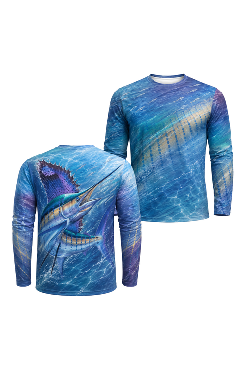 Performance Fishing Long Sleeve - Sailfish Velocity Reef - AOF114 two shirts front artwork