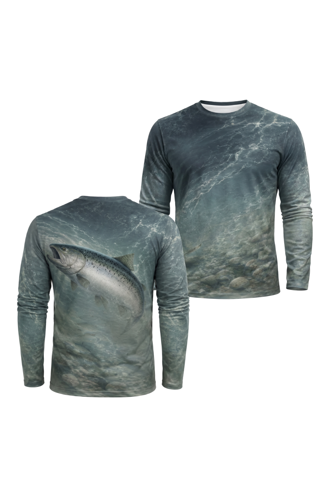 Performance Fishing Long Sleeve - Salmon Deep Glide - AOF61 two shirts front artwork