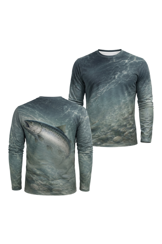 Performance Fishing Long Sleeve - Salmon Deep Glide - AOF61 two shirts front artwork