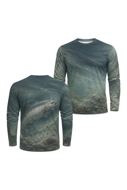 Performance Fishing Long Sleeve - Salmon Stonecurrent - AOF60 two shirts front artwork