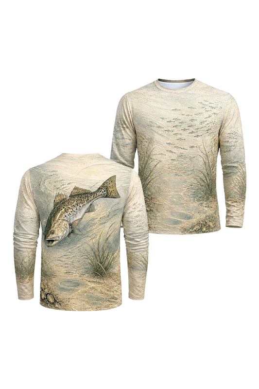Performance Fishing Long Sleeve - Sandbar Speckled Trout - RT02 two shirts front artwork