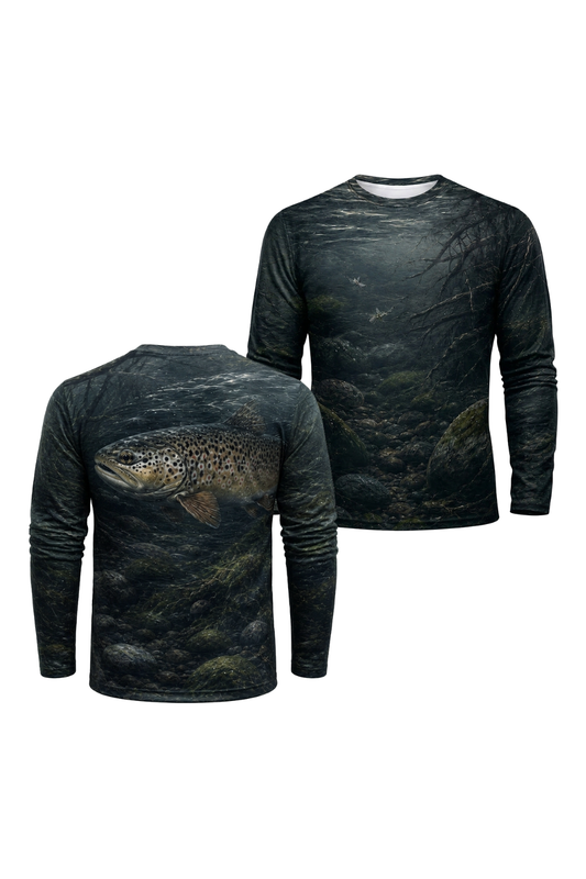Performance Fishing Long Sleeve - Shadow Creek Brown Trout - RT07 two shirts front artwork