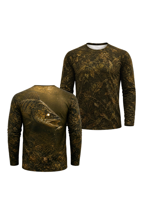 Performance Fishing Long Sleeve - Shallow Timber Walleye - TBT183 two shirts front artwork