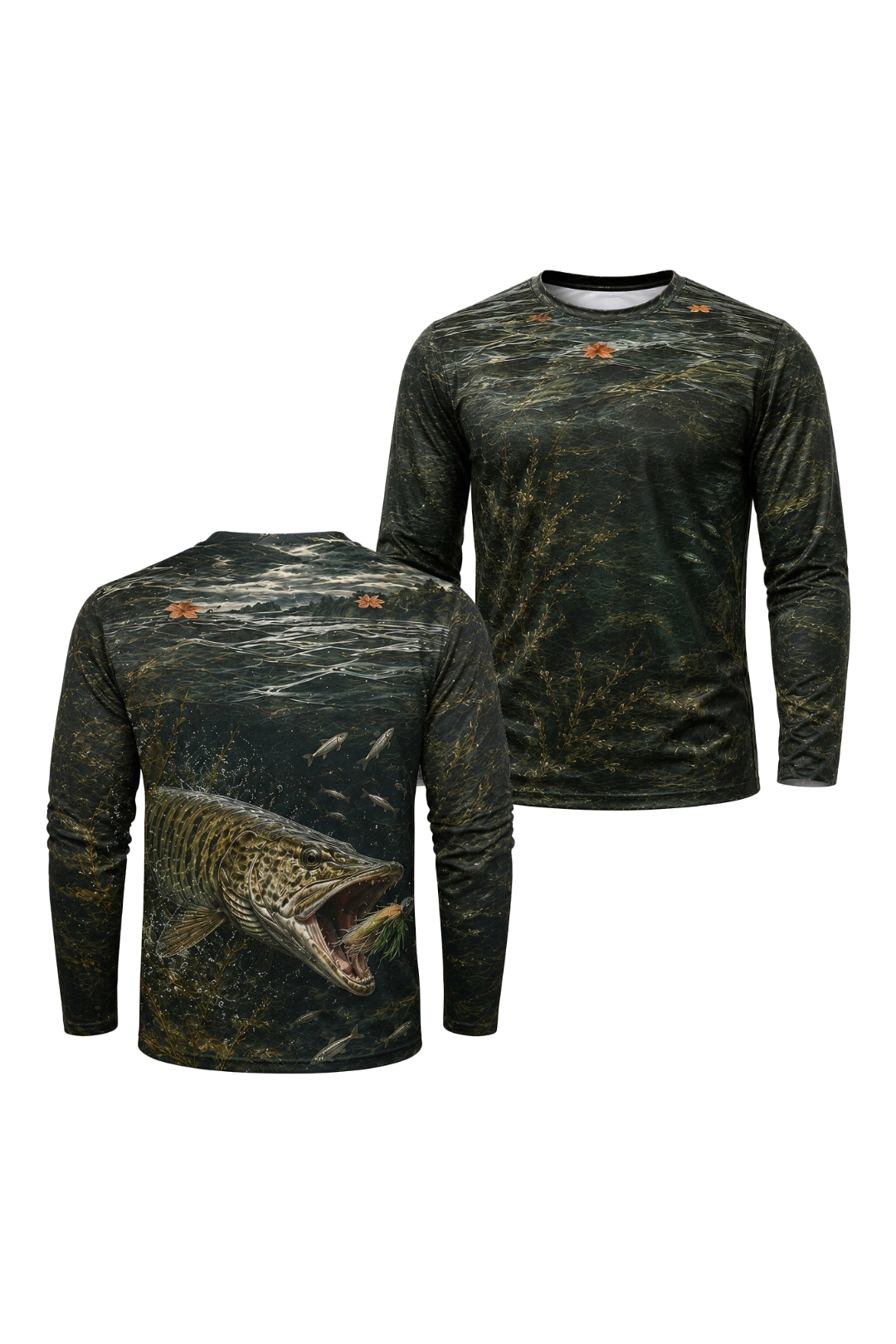 Performance Fishing Long Sleeve - Shallow Weed Musky Strike - RM05 two shirts front artwork