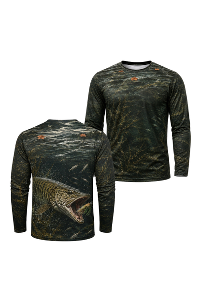 Performance Fishing Long Sleeve - Shallow Weed Musky Strike - RM05 two shirts front artwork