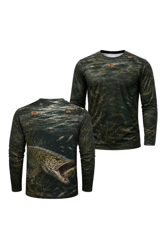 Performance Fishing Long Sleeve - Shallow Weed Musky Strike - RM05 two shirts front artwork