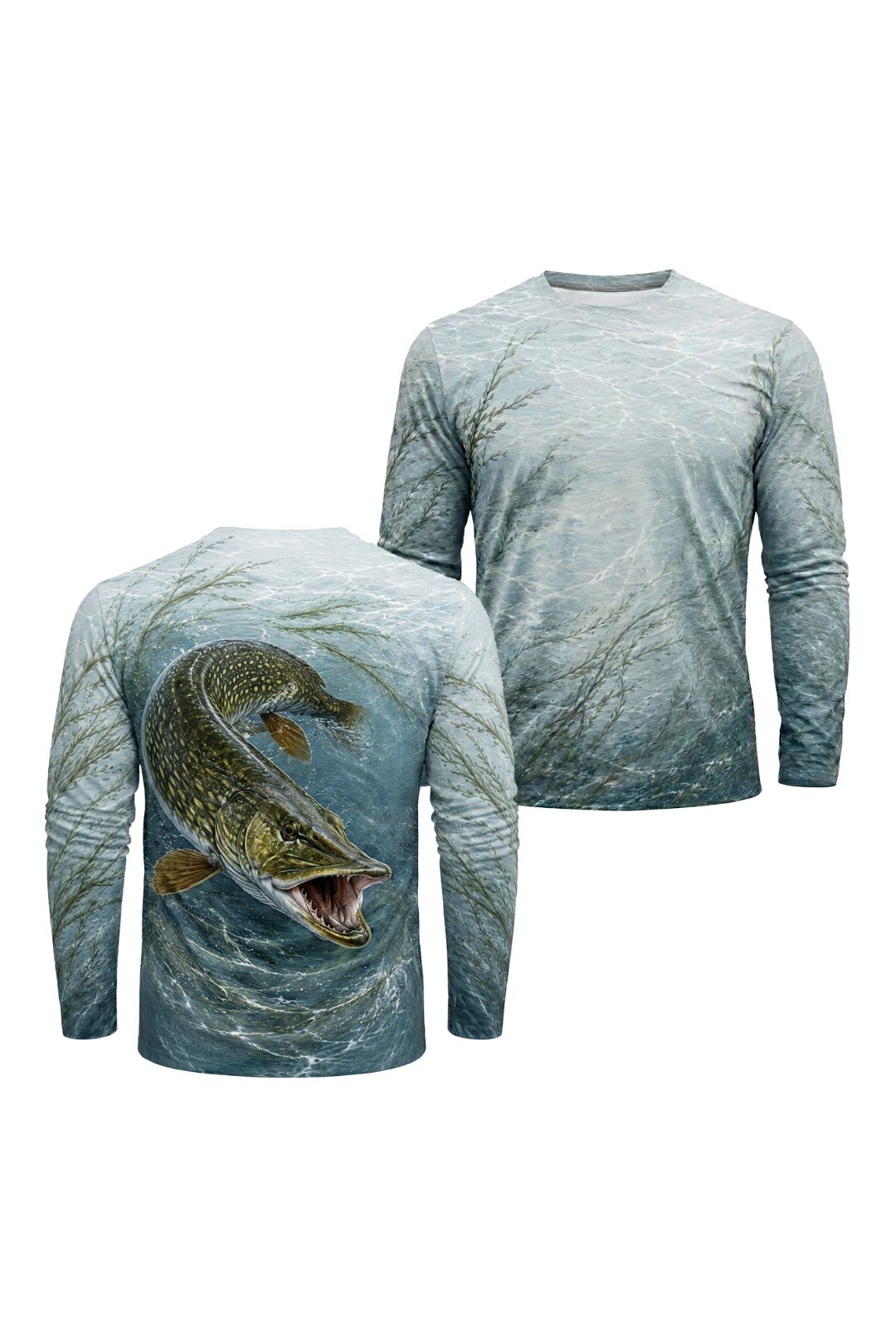Performance Fishing Long Sleeve - Shallow Weedbed Muskie - TBT196 two shirts front artwork
