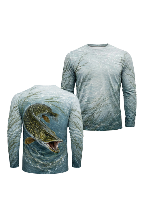 Performance Fishing Long Sleeve - Shallow Weedbed Muskie - TBT196 two shirts front artwork