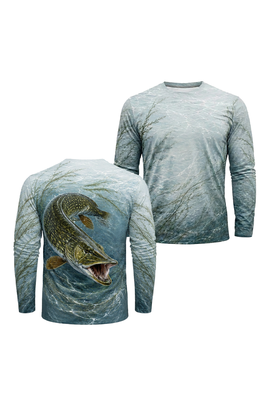 Performance Fishing Long Sleeve - Shallow Weedbed Muskie - TBT196 two shirts front artwork