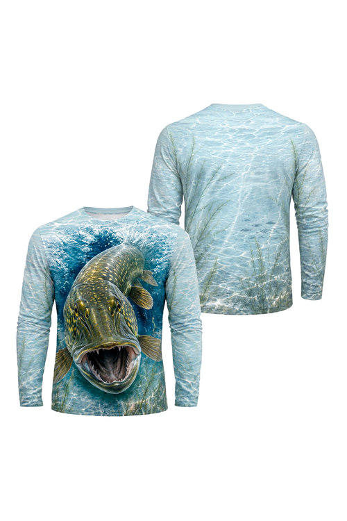 Performance Fishing Long Sleeve - Shallow Weedbed Pike - TBT195 two shirts front artwork