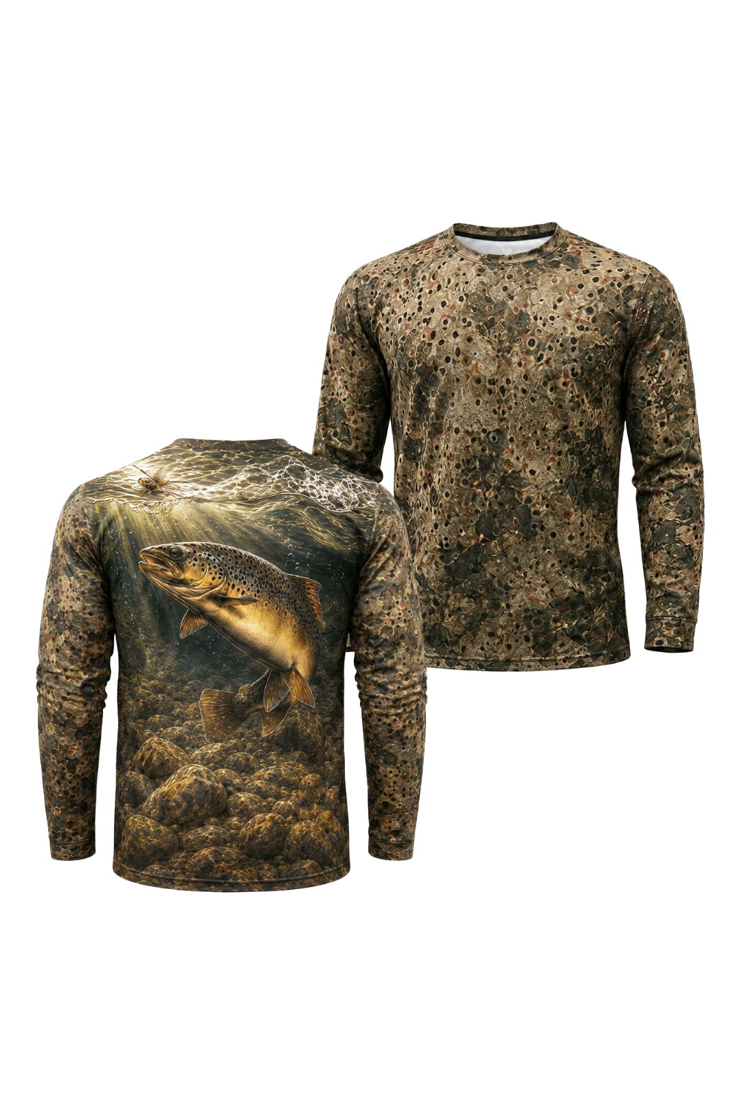 Performance Fishing Long Sleeve - Shallows Brown Trout - TBT168 two shirts front artwork