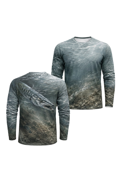 Performance Fishing Long Sleeve - Silver Barracuda Drift - AOF37 two shirts front artwork