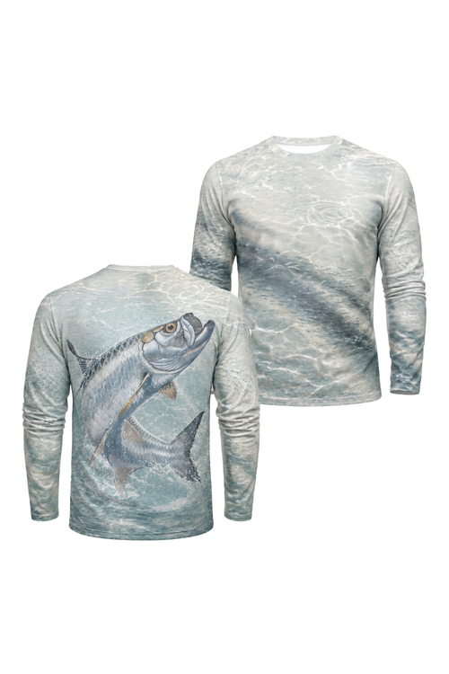 Performance Fishing Long Sleeve - Silver Tarpon Surge - AOF116 two shirts front artwork