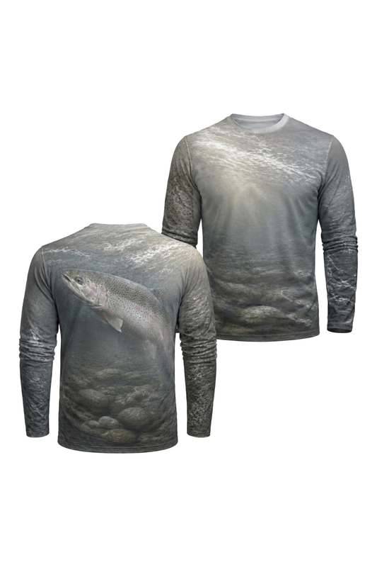 Performance Fishing Long Sleeve - Steelhead Chrome Run Veil - AOF71 two shirts front artwork