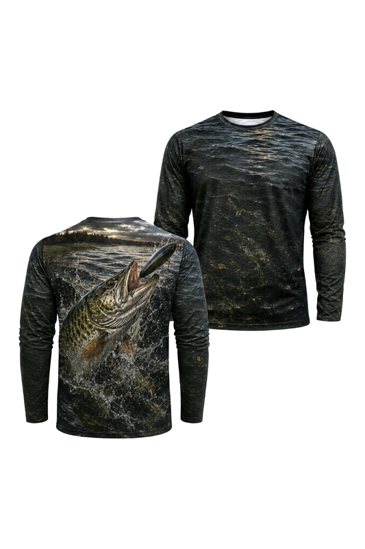 Performance Fishing Long Sleeve - Storm Lake Musky Strike - RM06 two shirts front artwork