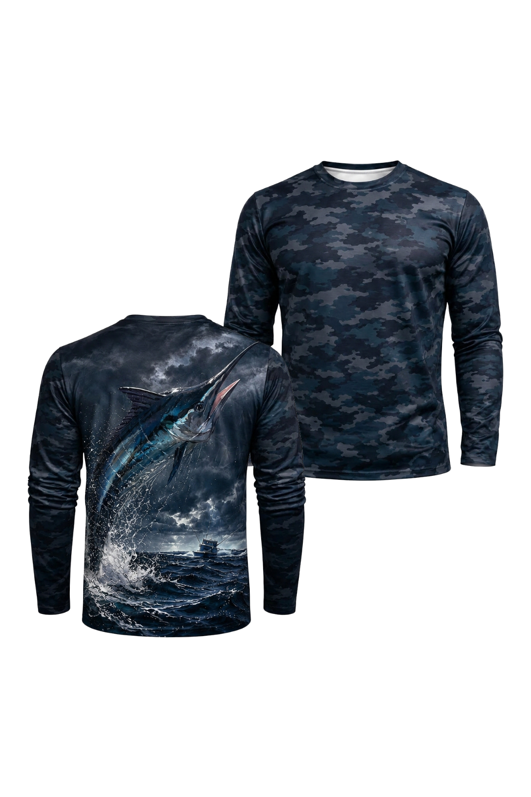 Performance Fishing Long Sleeve - Storm Leap Marlin - RS08 two shirts front artwork