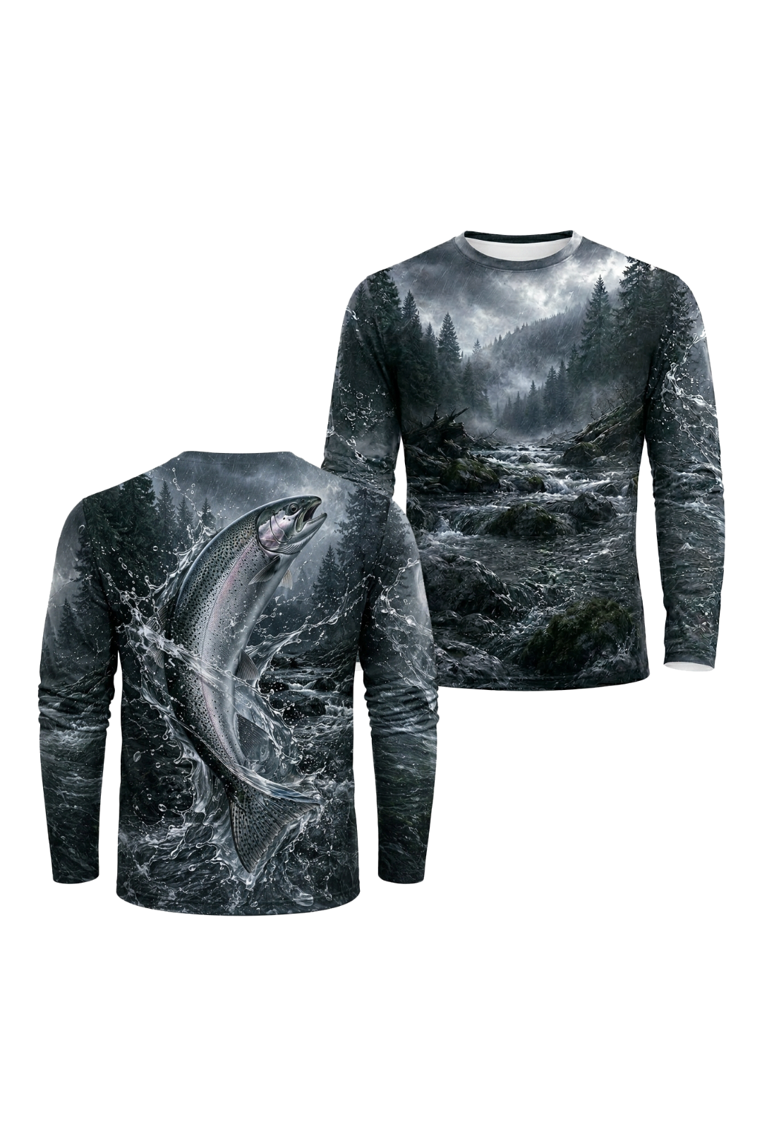Performance Fishing Long Sleeve - Storm River Steelhead - RT21 two shirts front artwork