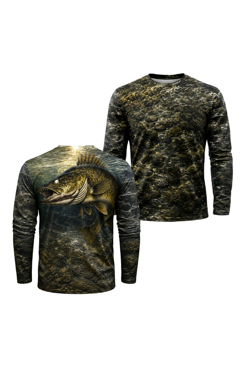 Performance Fishing Long Sleeve - Sunlit Bottom Walleye - TBT188 two shirts front artwork