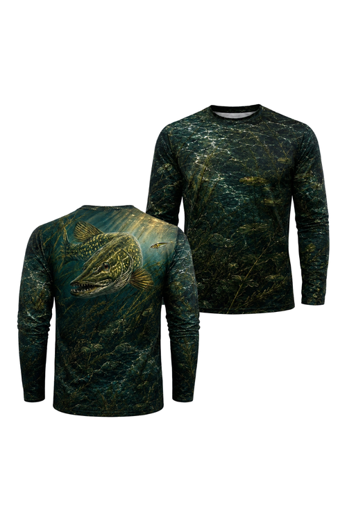 Performance Fishing Long Sleeve - Sunlit Shallows Pike - TBT193 two shirts front artwork