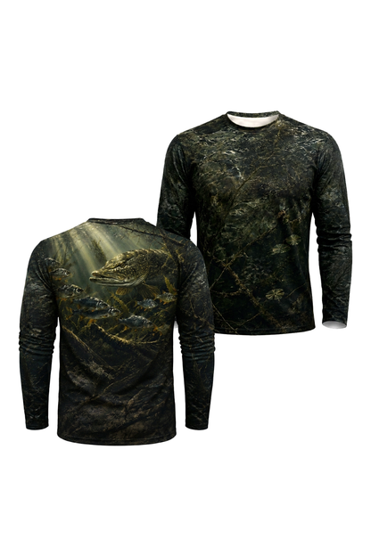 Performance Fishing Long Sleeve - Sunlit Timber Pike - TBT194 two shirts front artwork