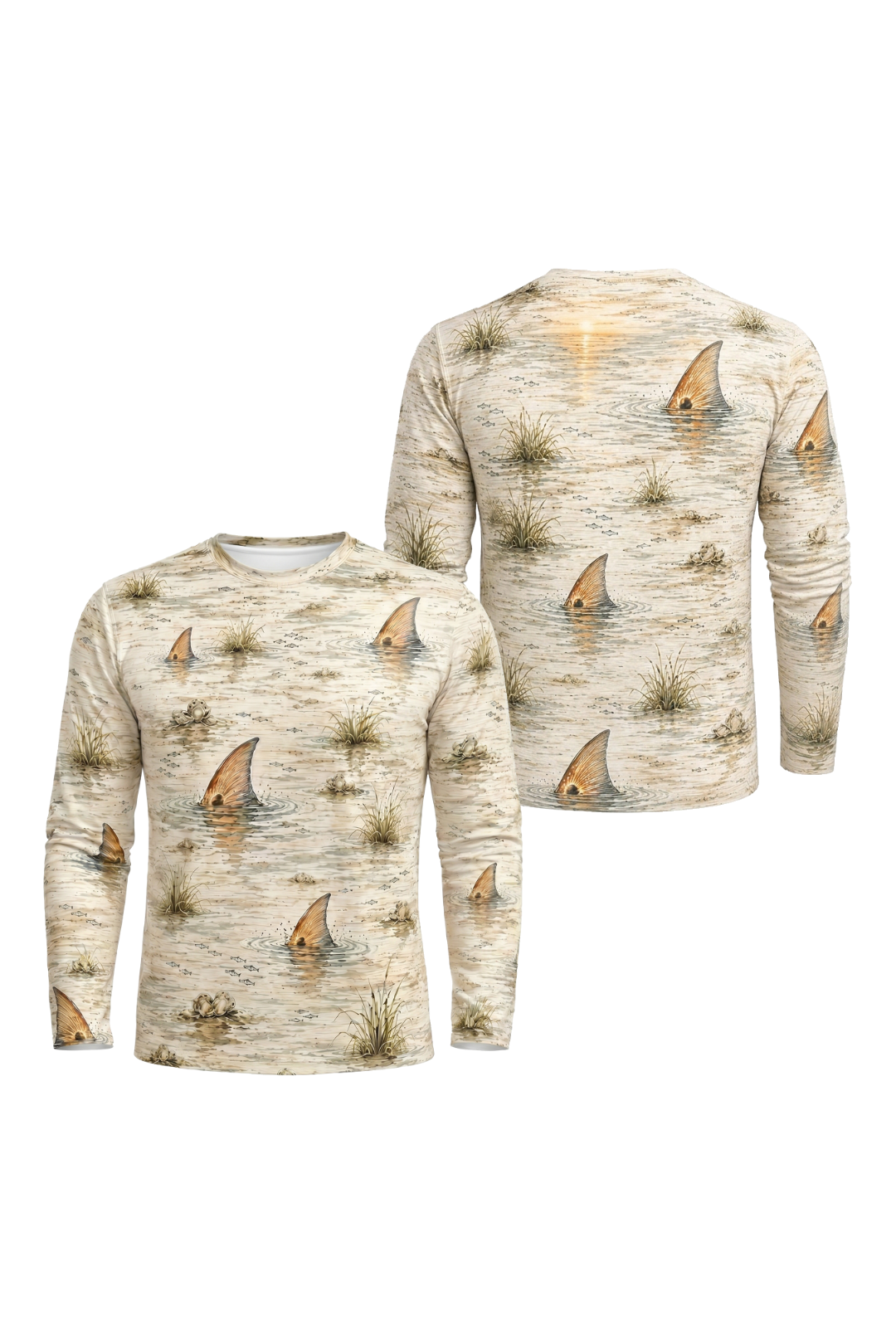 Performance Fishing Long Sleeve - Sunset Flats Redfish Pattern - RP04 two shirts front artwork