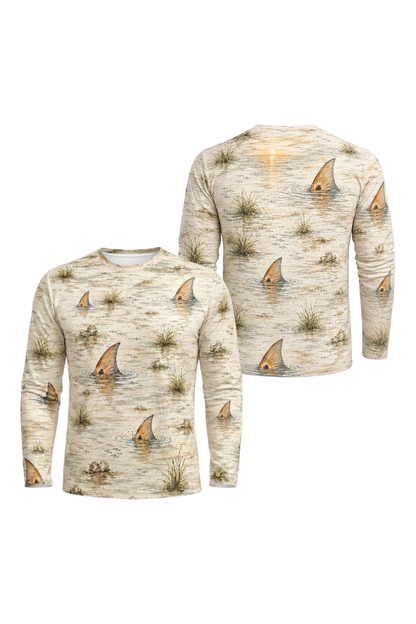 Performance Fishing Long Sleeve - Sunset Flats Redfish Pattern - RP04 two shirts front artwork