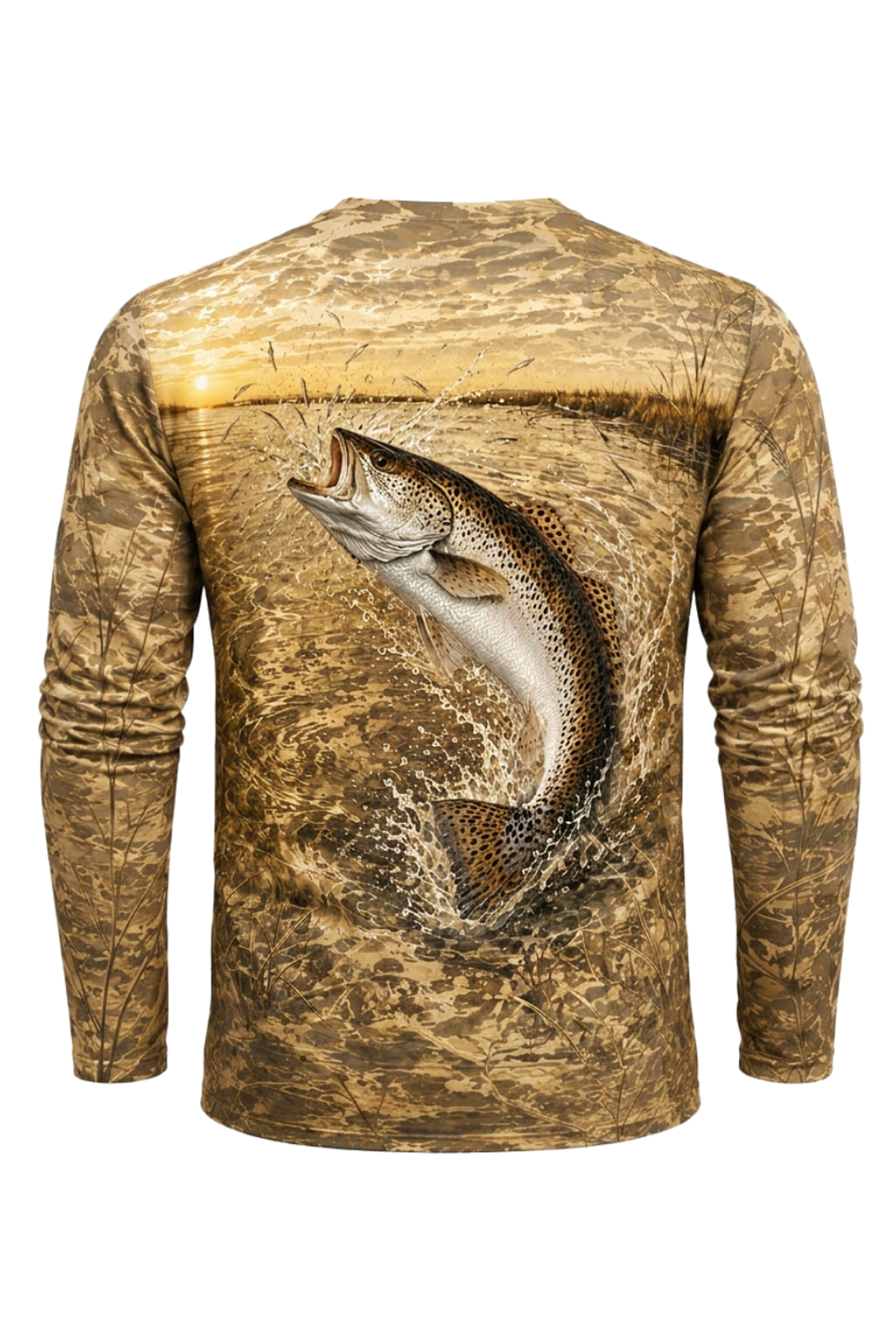 Performance Fishing Long Sleeve - Sunset Marsh Speckled Trout - RT05 mockup artwork side
