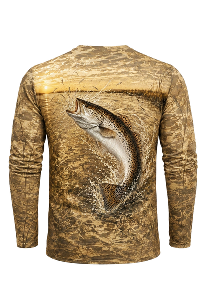 Performance Fishing Long Sleeve - Sunset Marsh Speckled Trout - RT05 mockup artwork side