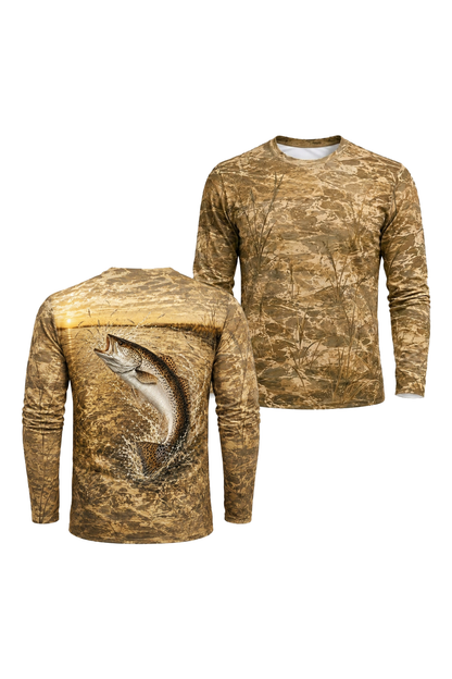 Performance Fishing Long Sleeve - Sunset Marsh Speckled Trout - RT05 two shirts front artwork