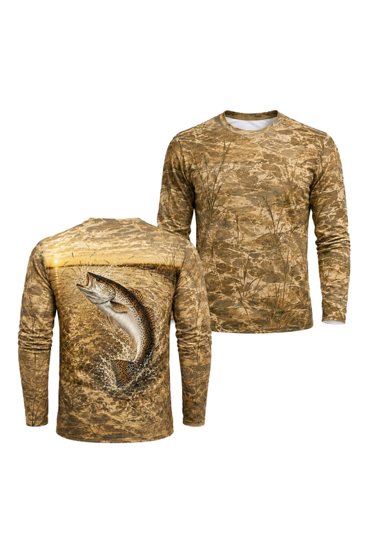 Performance Fishing Long Sleeve - Sunset Marsh Speckled Trout - RT05 two shirts front artwork