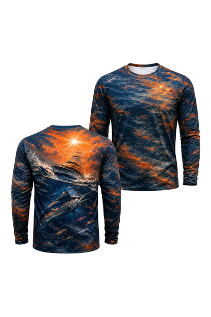 Performance Fishing Long Sleeve - Sunset Trolling Marlin - RS07 two shirts front artwork