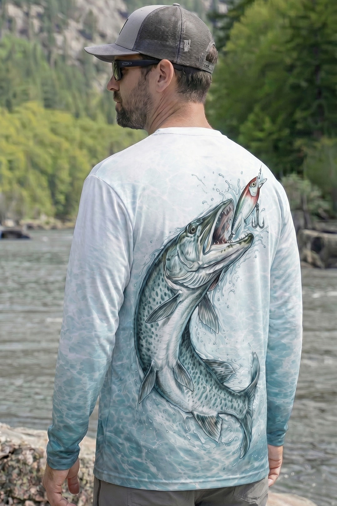 Performance Fishing Long Sleeve - Teal Muskie Surge - AOF108 lifestyle artwork side