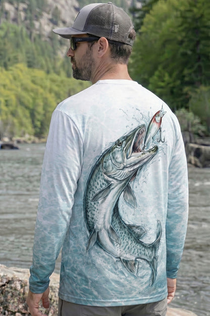 Performance Fishing Long Sleeve - Teal Muskie Surge - AOF108 lifestyle artwork side