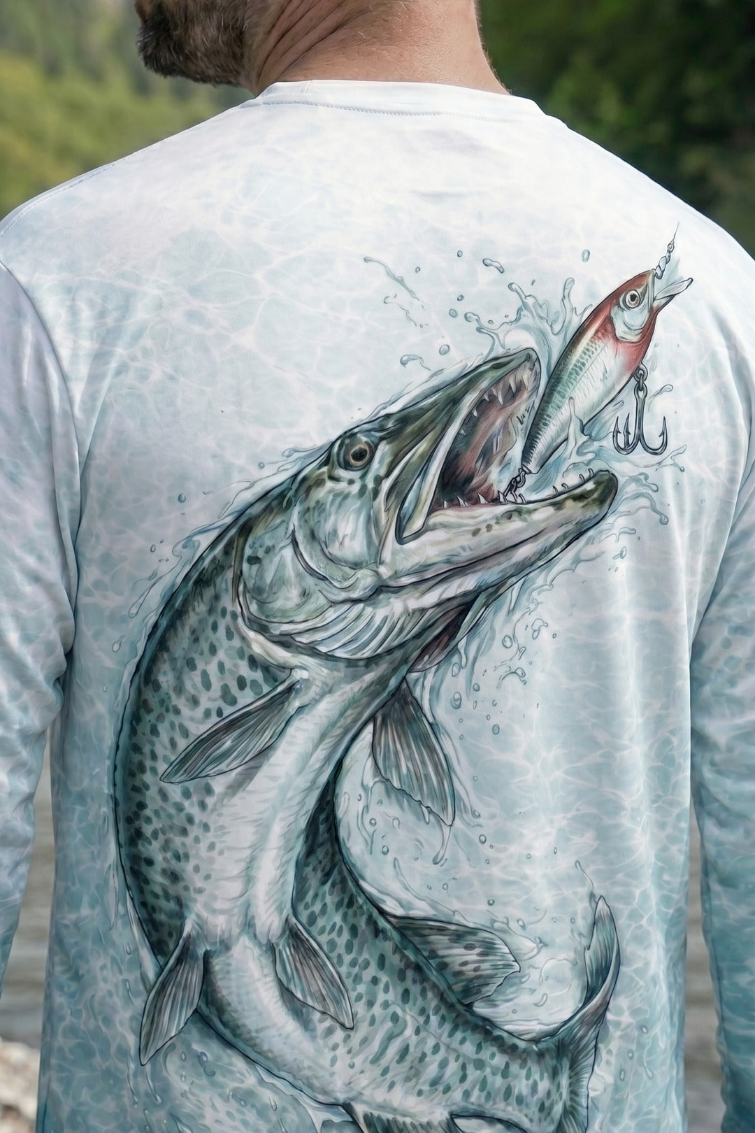 Performance Fishing Long Sleeve - Teal Muskie Surge - AOF108 lifestyle artwork zoom