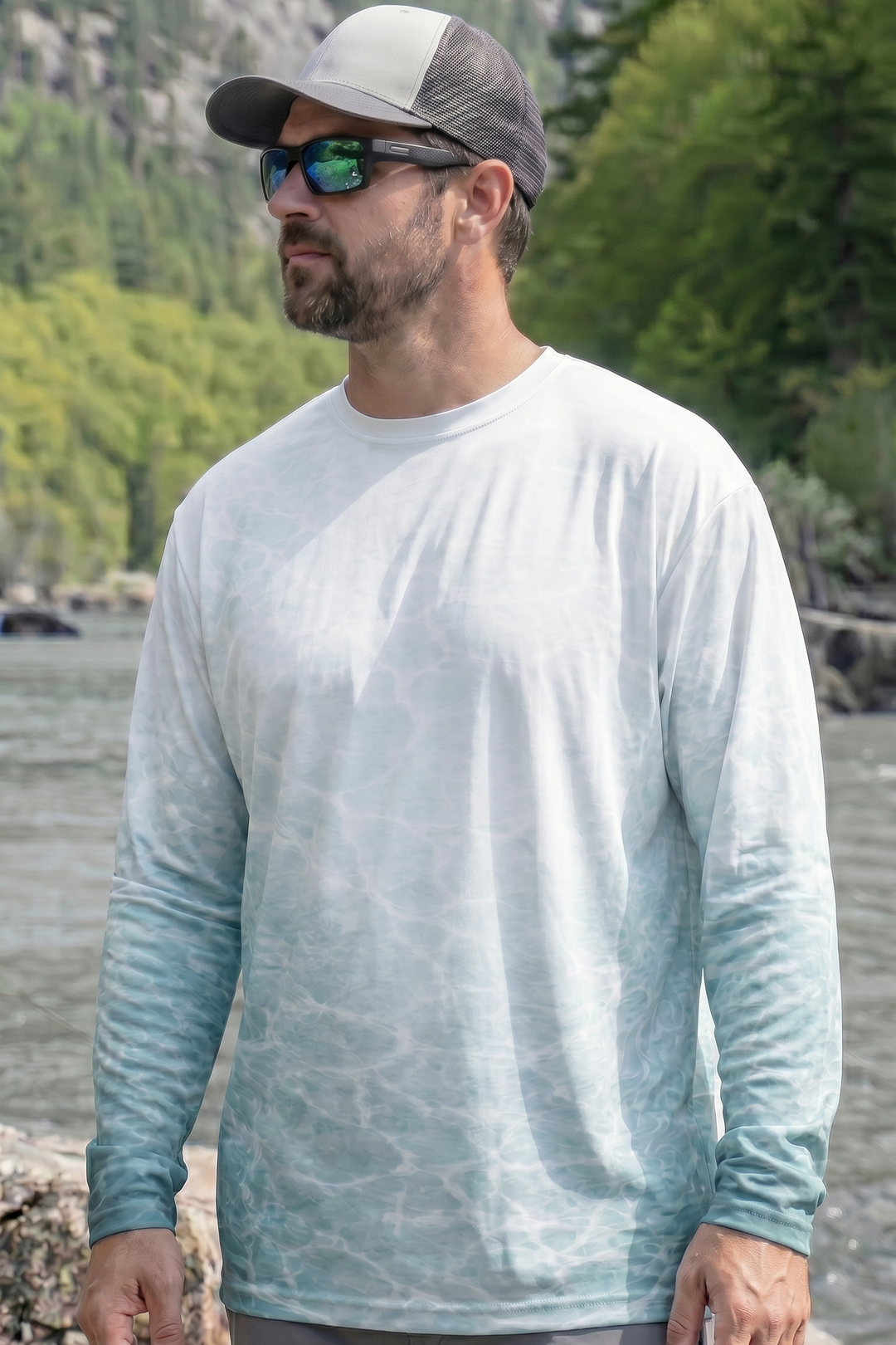Performance Fishing Long Sleeve - Teal Muskie Surge - AOF108 lifestyle opposite side