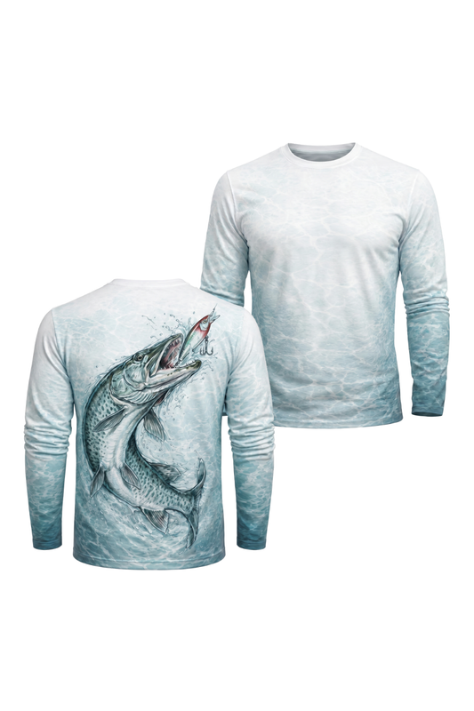 Performance Fishing Long Sleeve - Teal Muskie Surge - AOF108 two shirts front artwork