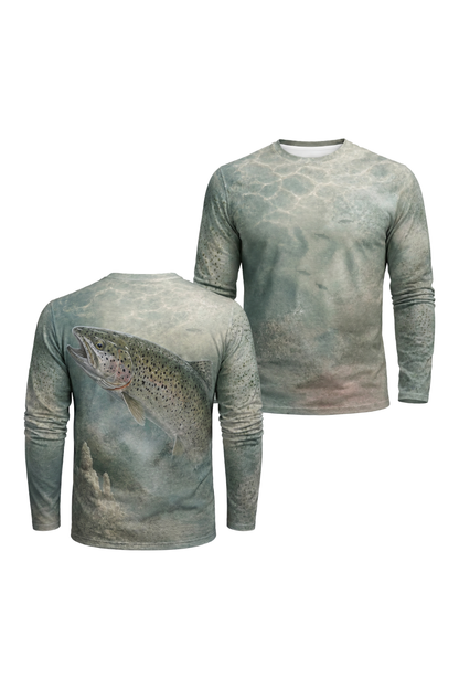 Performance Fishing Long Sleeve - Trout Mistwater Glide - AOF50 two shirts front artwork
