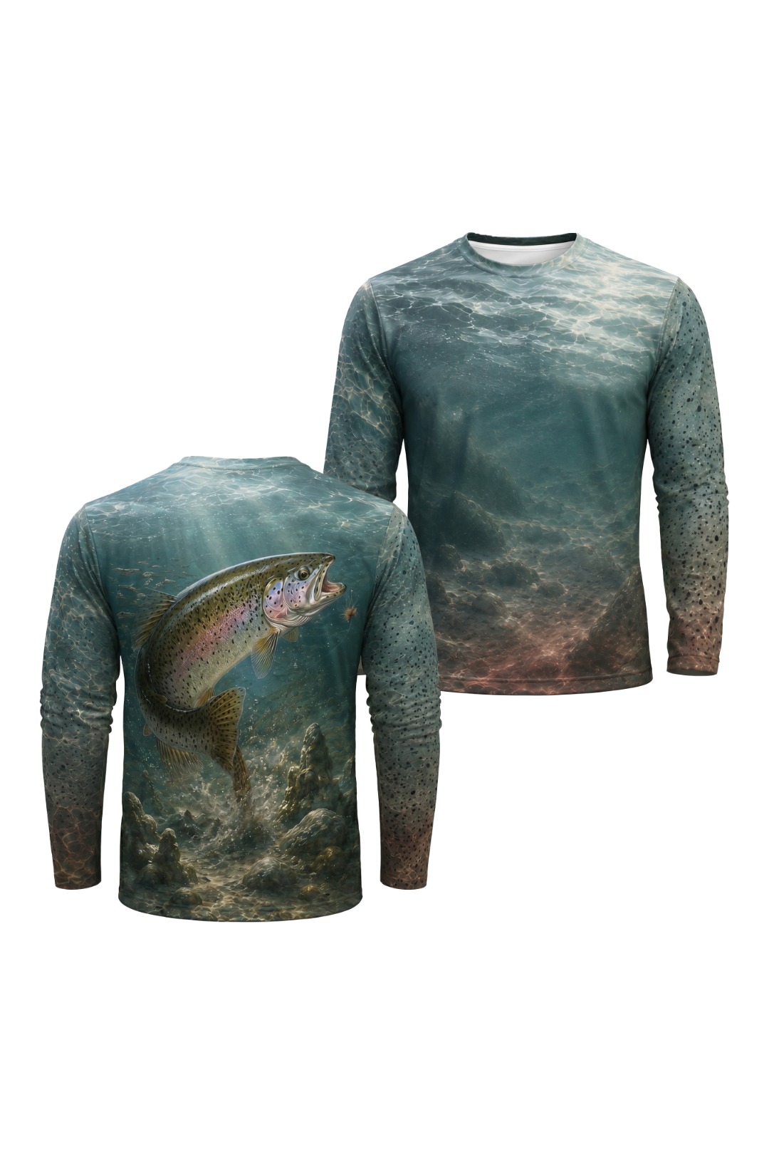 Performance Fishing Long Sleeve - Trout River Rise - AOF52 two shirts front artwork