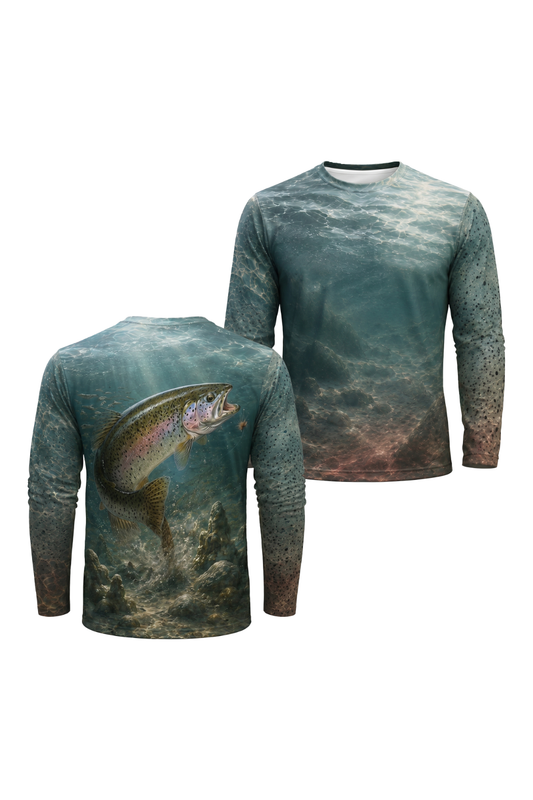 Performance Fishing Long Sleeve - Trout River Rise - AOF52 two shirts front artwork