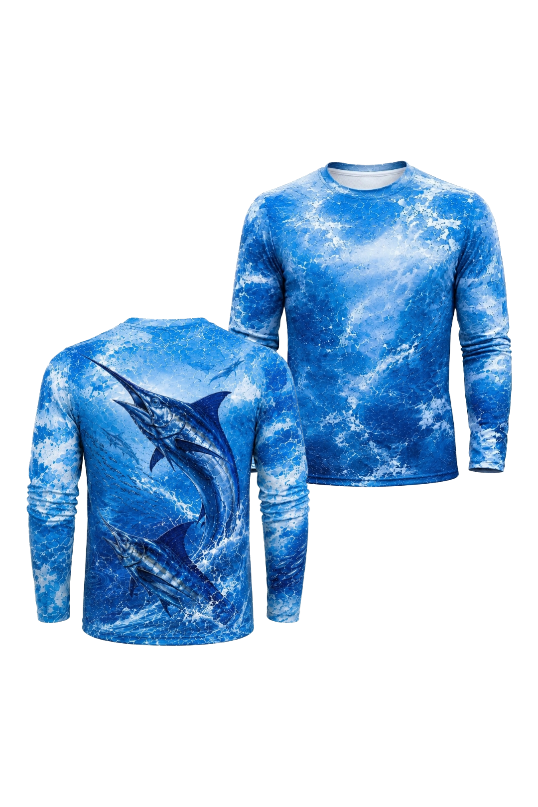 Performance Fishing Long Sleeve - Twin Blue Marlin Surge - RS12 two shirts front artwork