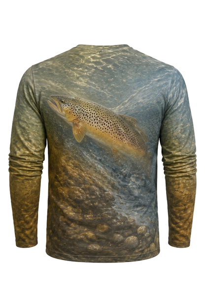 Performance Fishing Long Sleeve - Twin Current Brown - AOF69 mockup artwork side
