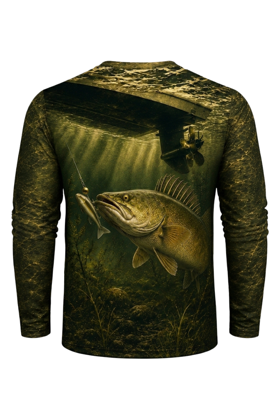 Performance Fishing Long Sleeve - Under the Boat Walleye Strike - RW16 mockup artwork side
