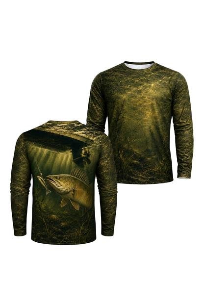 Performance Fishing Long Sleeve - Under the Boat Walleye Strike - RW16 two shirts front artwork