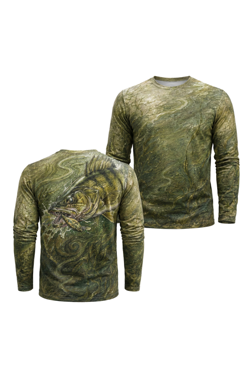Performance Fishing Long Sleeve - Walleye Strike Current - AOF101 two shirts front artwork