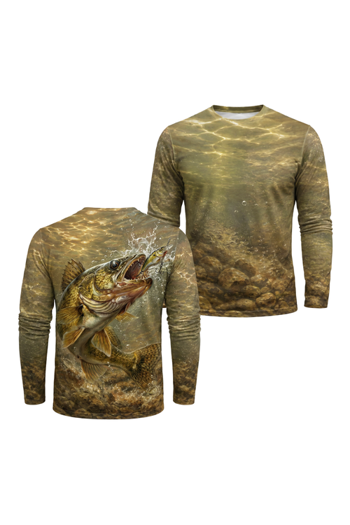 Performance Fishing Long Sleeve - Walleye Strike Realism - AOF98 two shirts front artwork