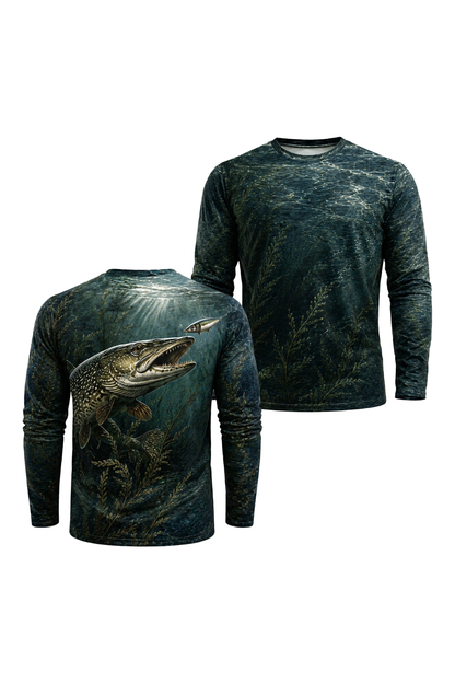 Performance Fishing Long Sleeve - Weedbed Ambush Pike - TBT191 two shirts front artwork